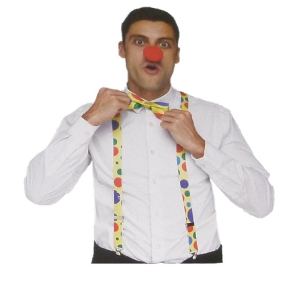 Mens Adult Teen Fun World Halloween CLOWN Kit Suspenders Red Nose Bow Tie NWT - Picture 2 of 2